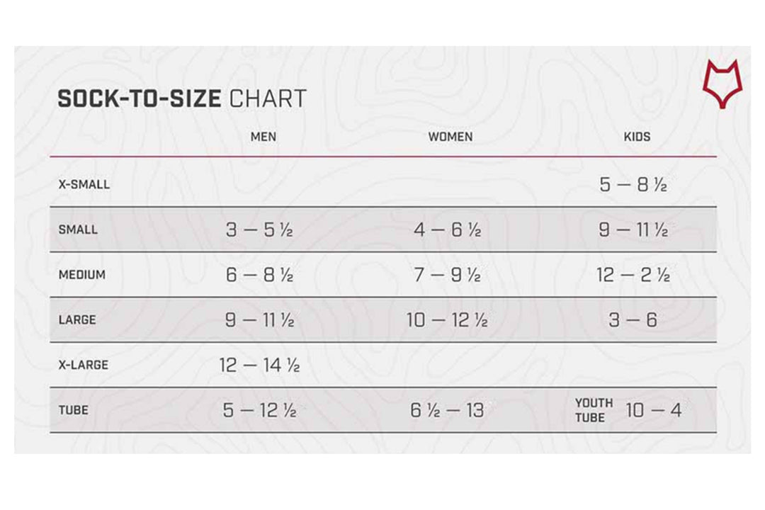 Sock-to-size chart for men, women, and kids with size measurements.
