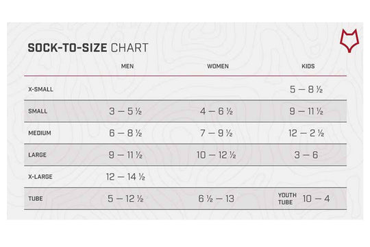 Sock-to-size chart for men, women, and kids with size measurements.