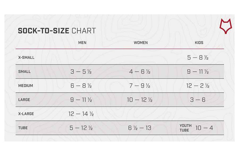 Sock-to-size chart for men, women, and kids with size measurements.