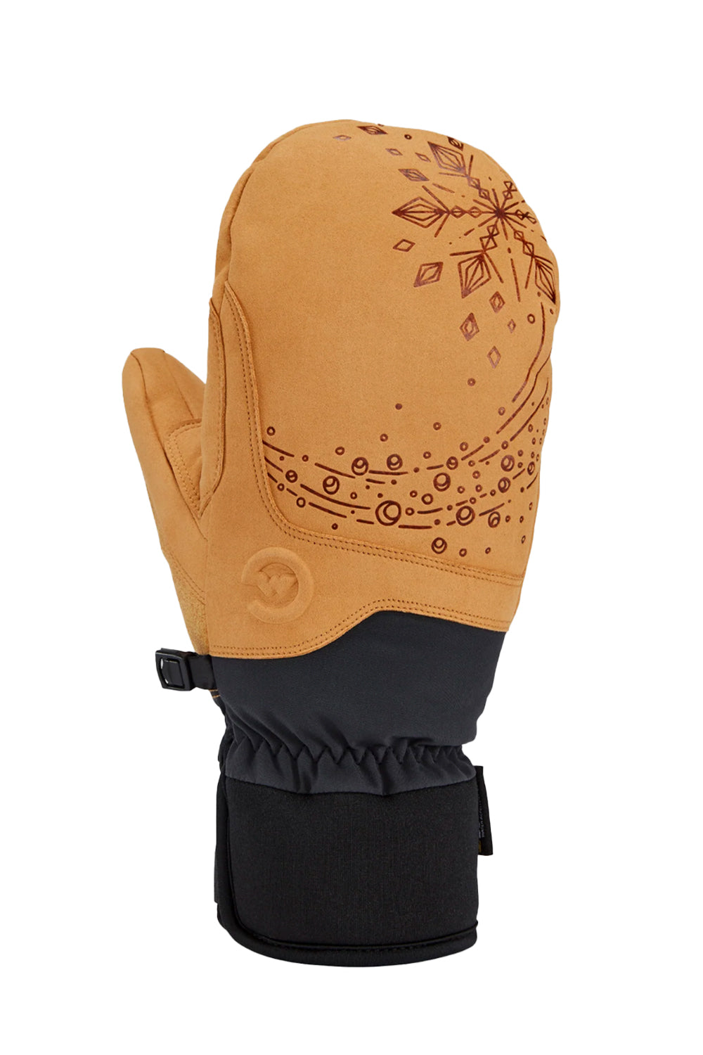 Tan and black glove with decorative pattern on a white background