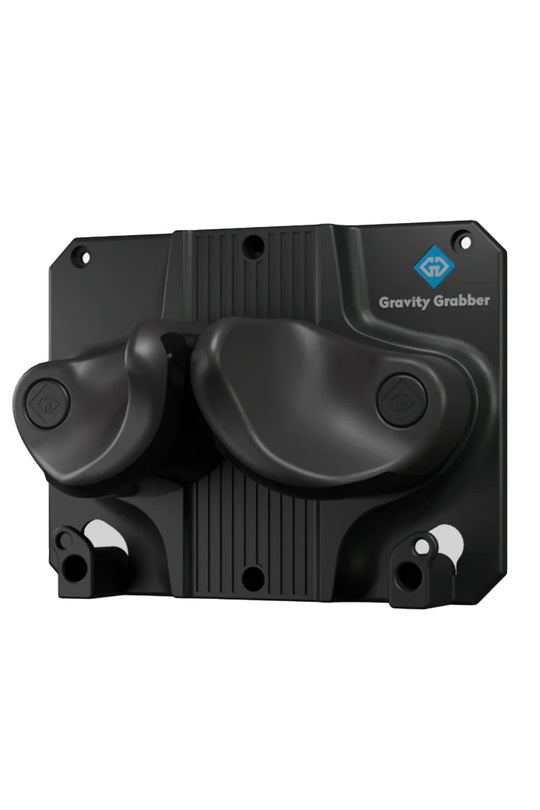 Black mechanical device labeled 'Gravity Grabber' on a white background