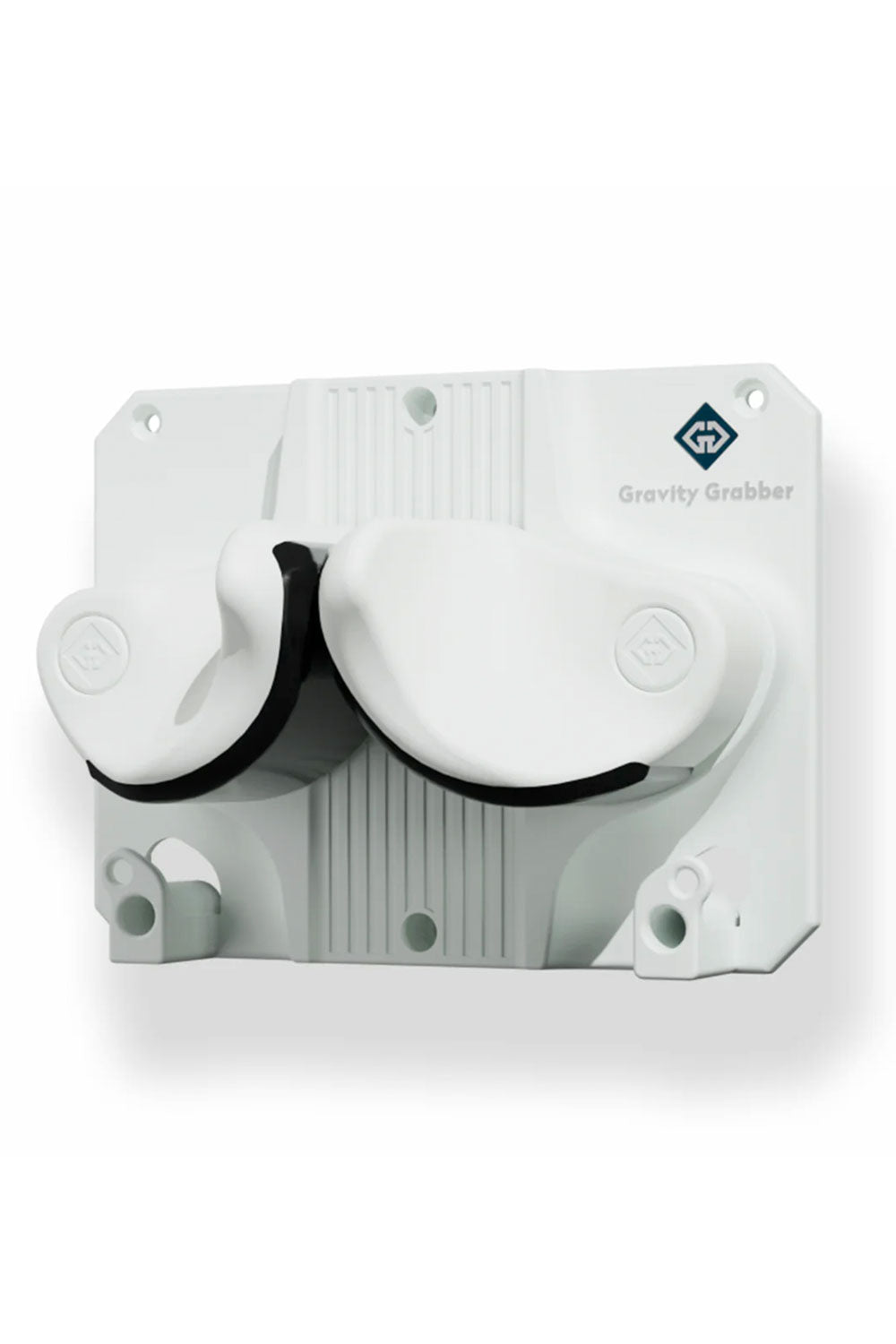 White mechanical device with two circular components on a white background