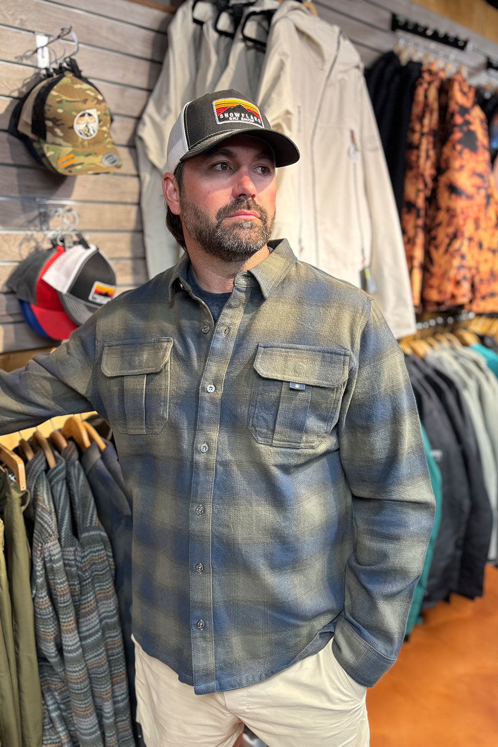 person wearing a flannel shirt and baseball cap