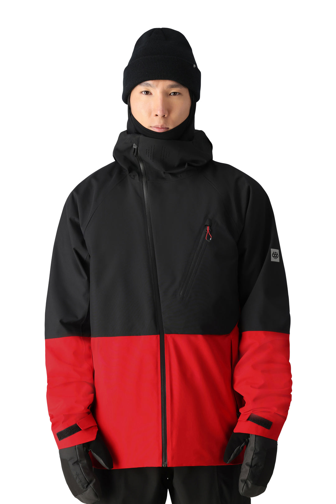 Men's 686 Hydra Thermagraph snowboard jacket, black on top, red on bottom