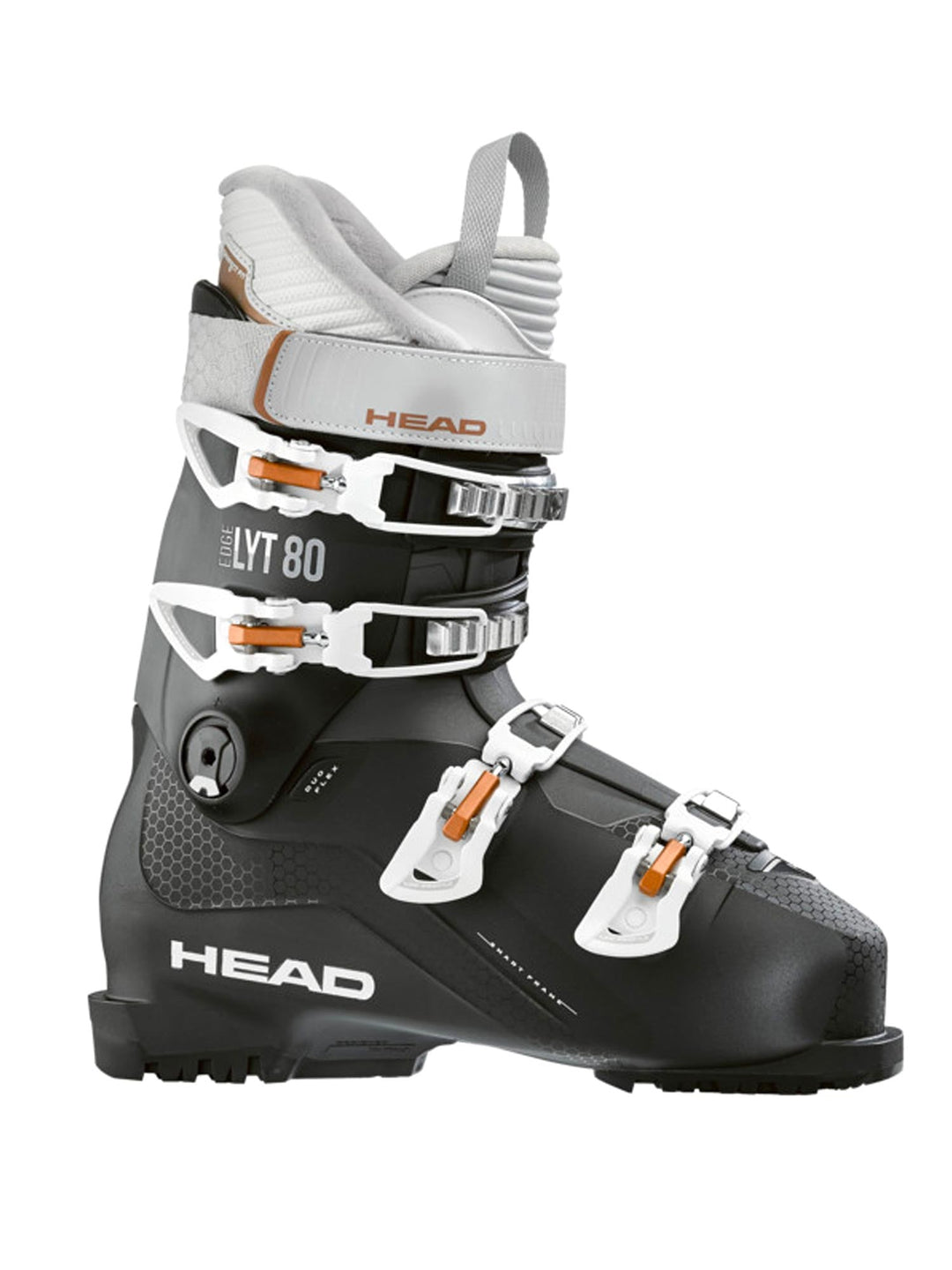 women's Head Edge Lyt 80 ski boots, black with white buckles and gold accents