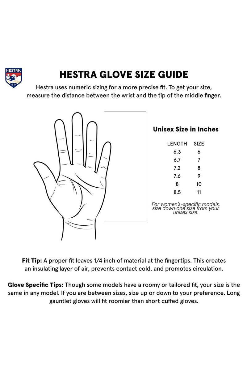 Hestra glove size guide chart with a hand outline, sizing table in inches, fit tip, and glove-specific tips on a white background.
