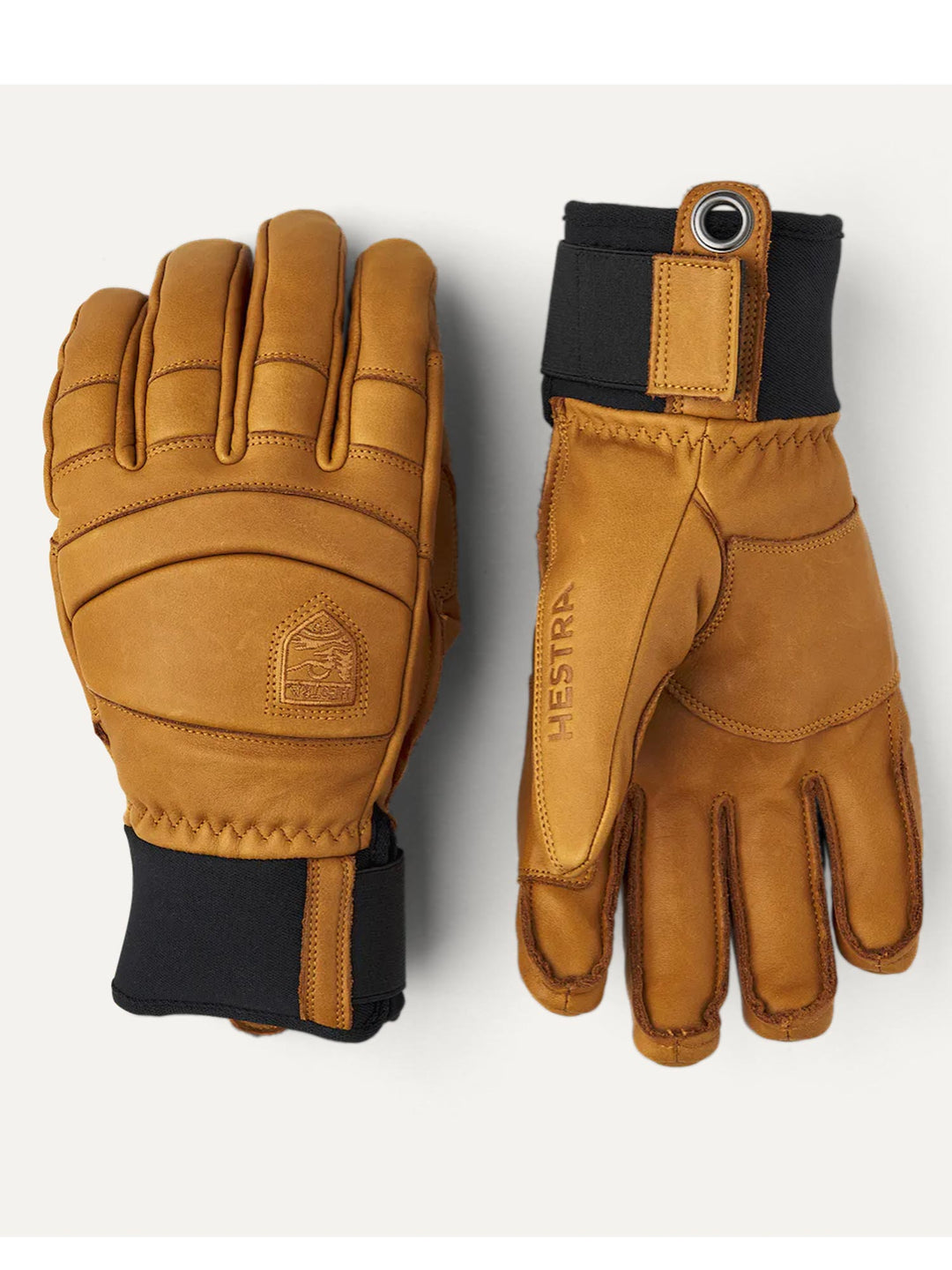 Pair of brown leather gloves with black accents on a white background