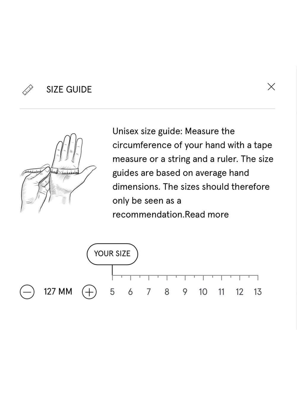 Hand measurement size guide with text on a white background