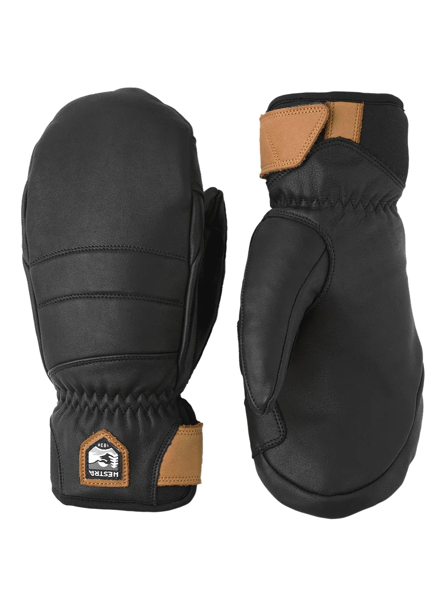 women's Hestra ski mitten, black leather with brown accents