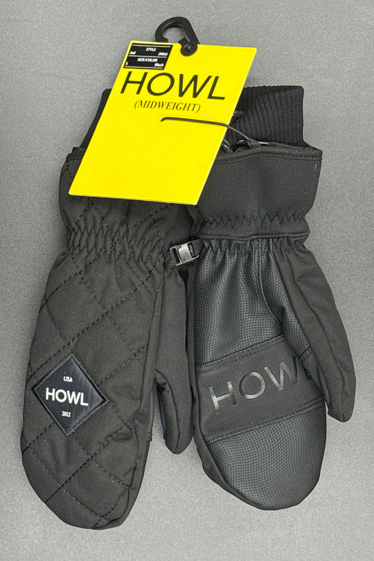 Pair of black mittens with 'HOWL' branding on a gray background
