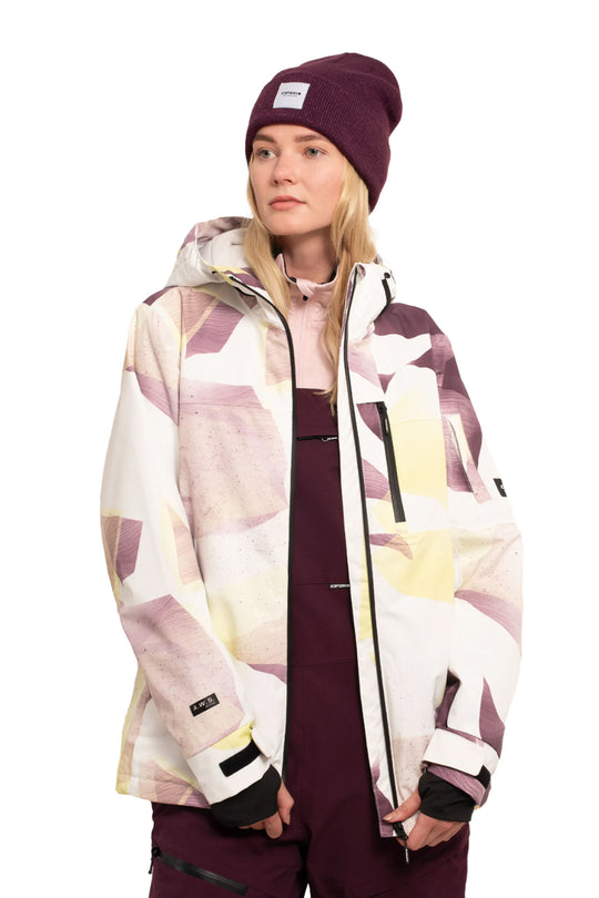 women's Icepeak Creola ski/snowboard jacket, purple white and lime green abstract pattern