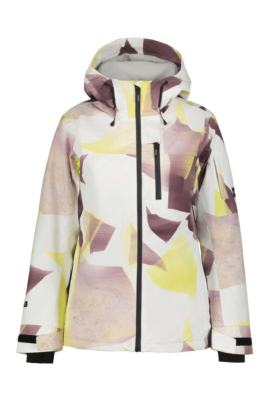 women's Icepeak Creola ski/snowboard jacket, purple white and lime green abstract pattern