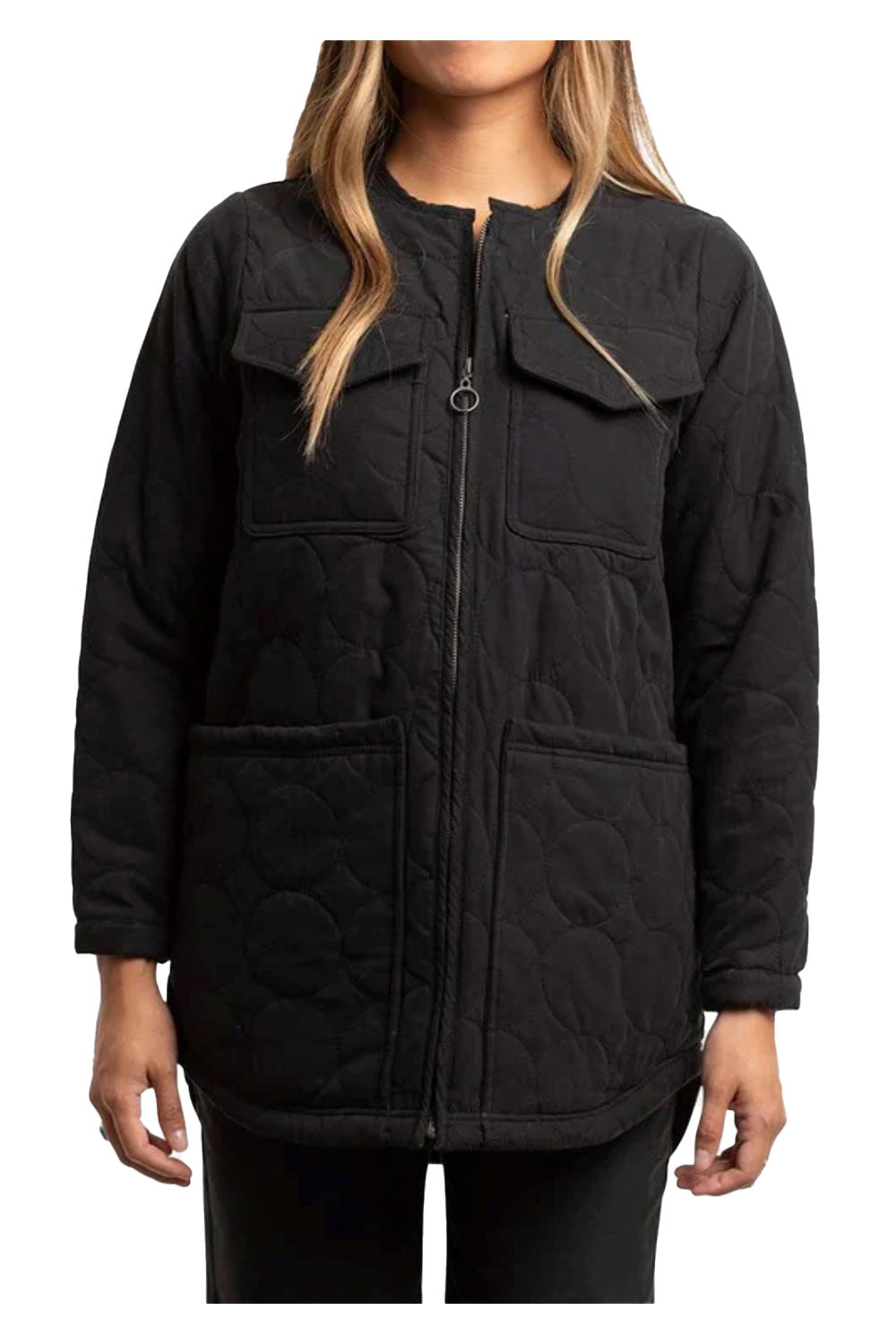 Black quilted jacket worn by a person on a white background
