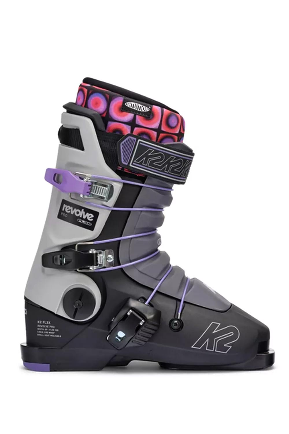 K2 Revolve Pro skis boots, black & gray with pink and purple accents