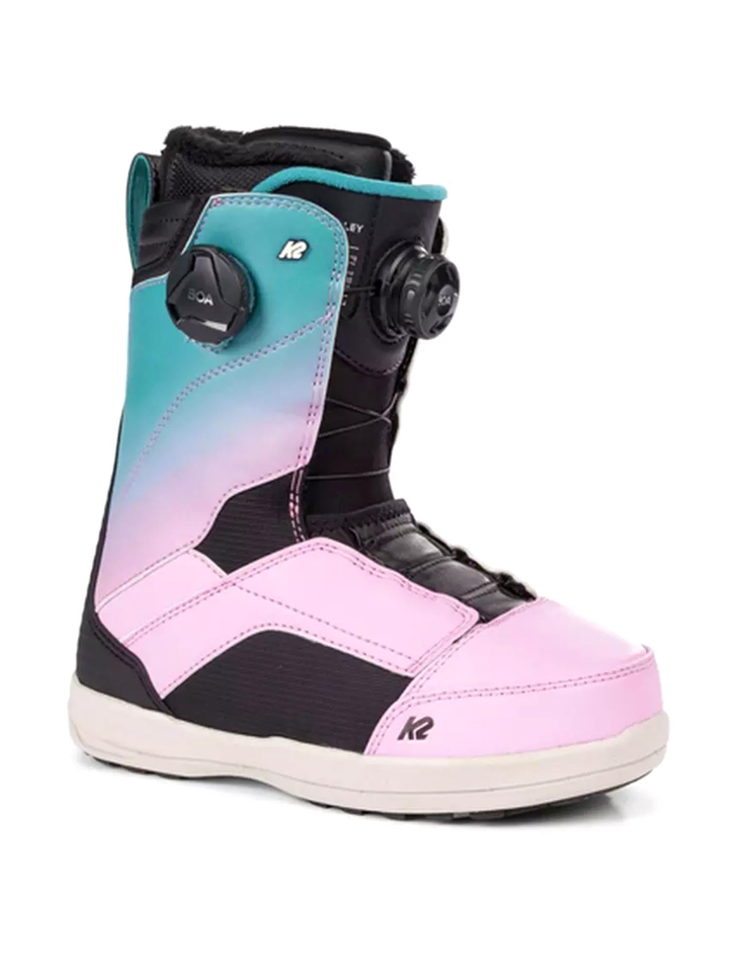 K2 Kinsley snowboard boots,  pastel blue and pink with black accents