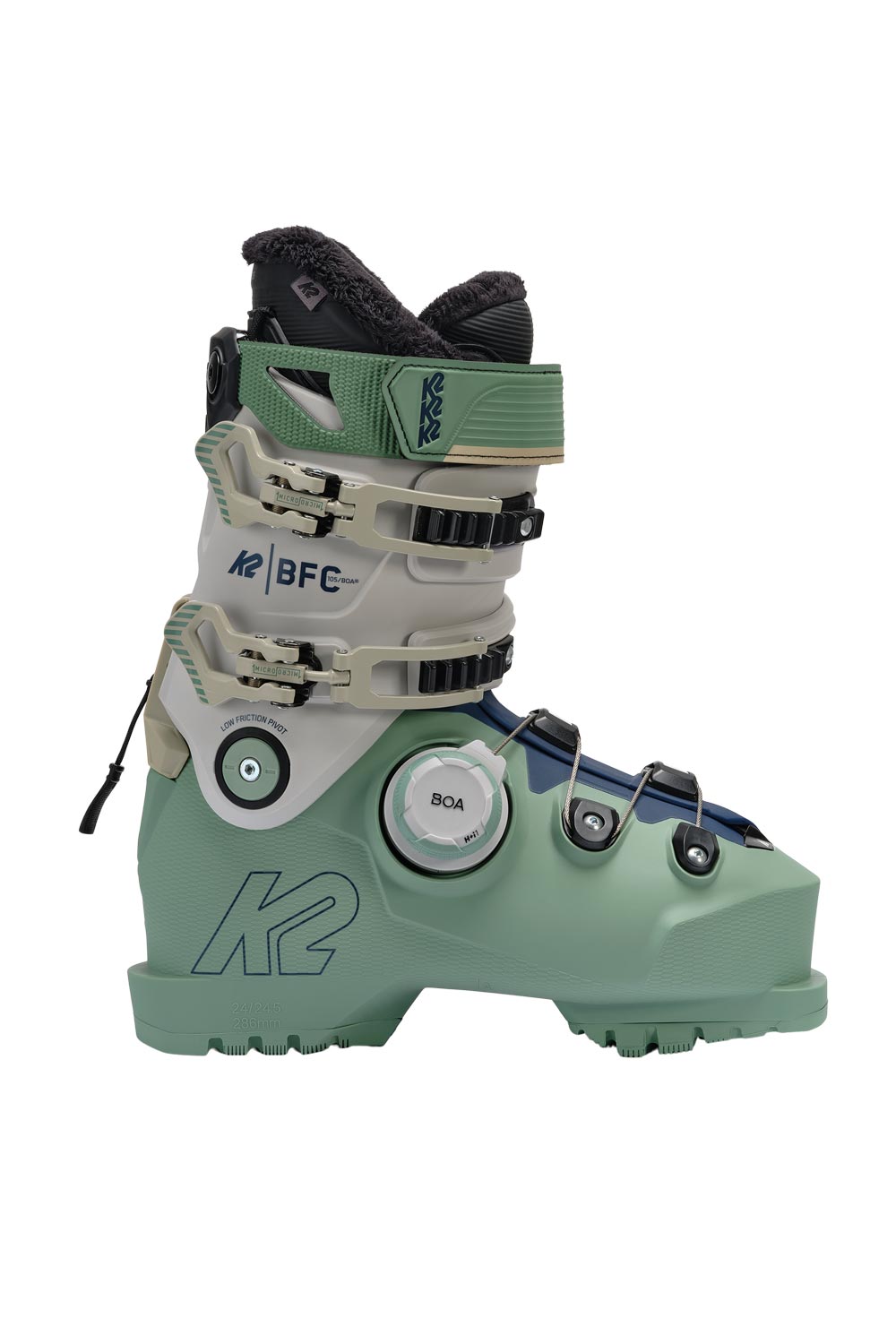 women's K2 BFC 105 BOA ski boots, green and off white 