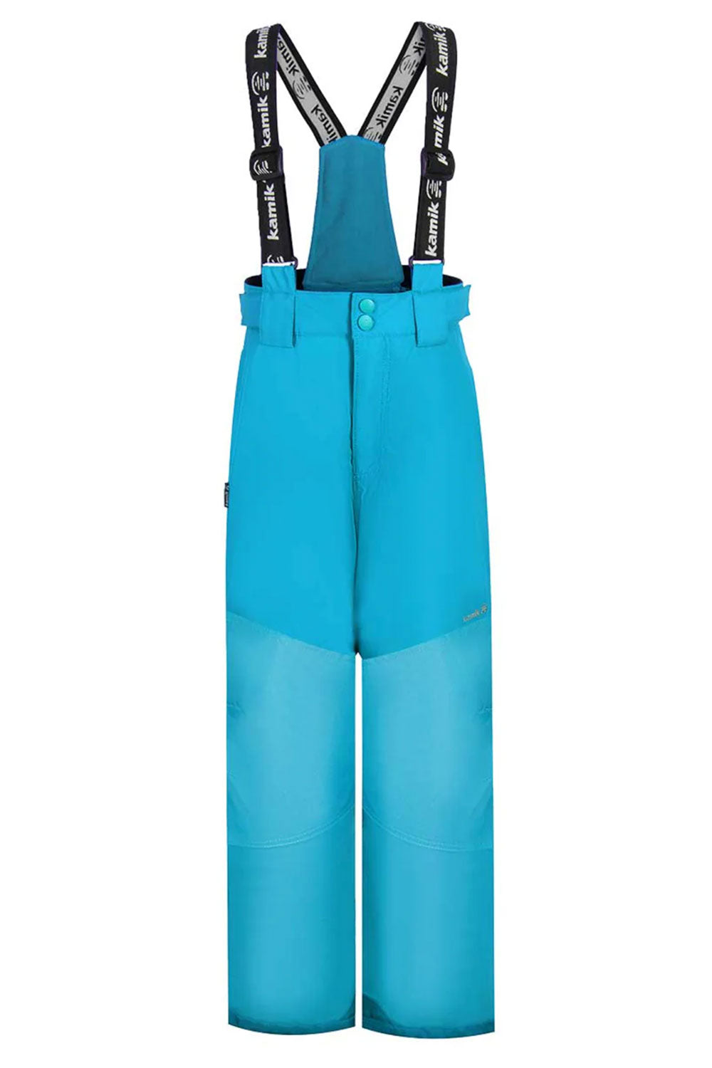 Turquoise ski pants with black suspenders on a white background