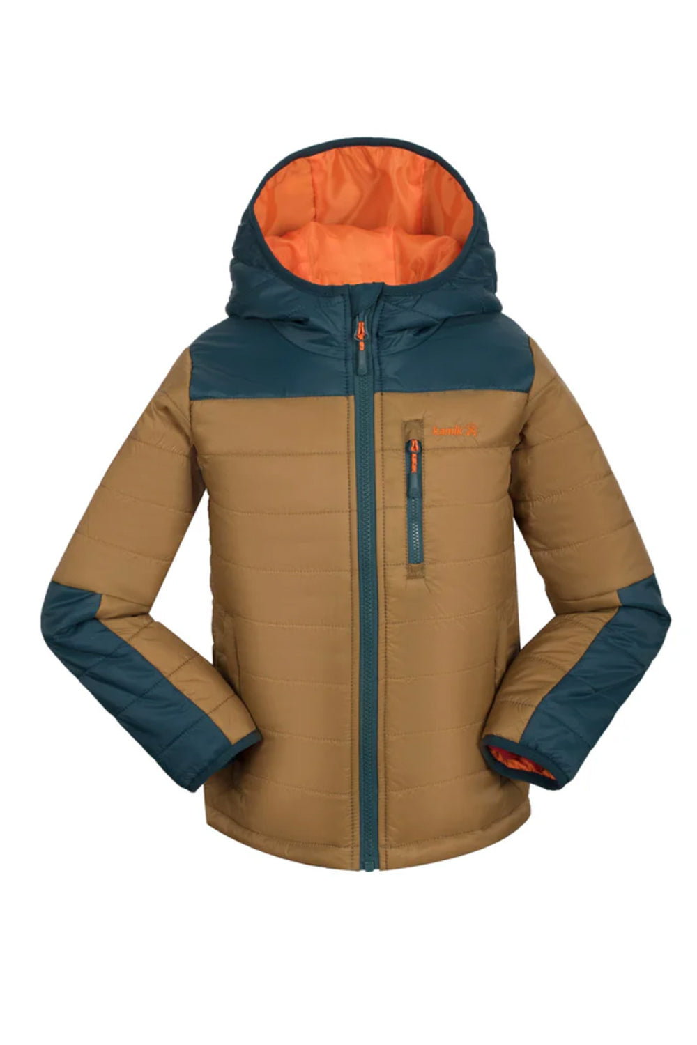 boy's Kamik Canyon full zip puffy jaclet. blue and brown with orange accents