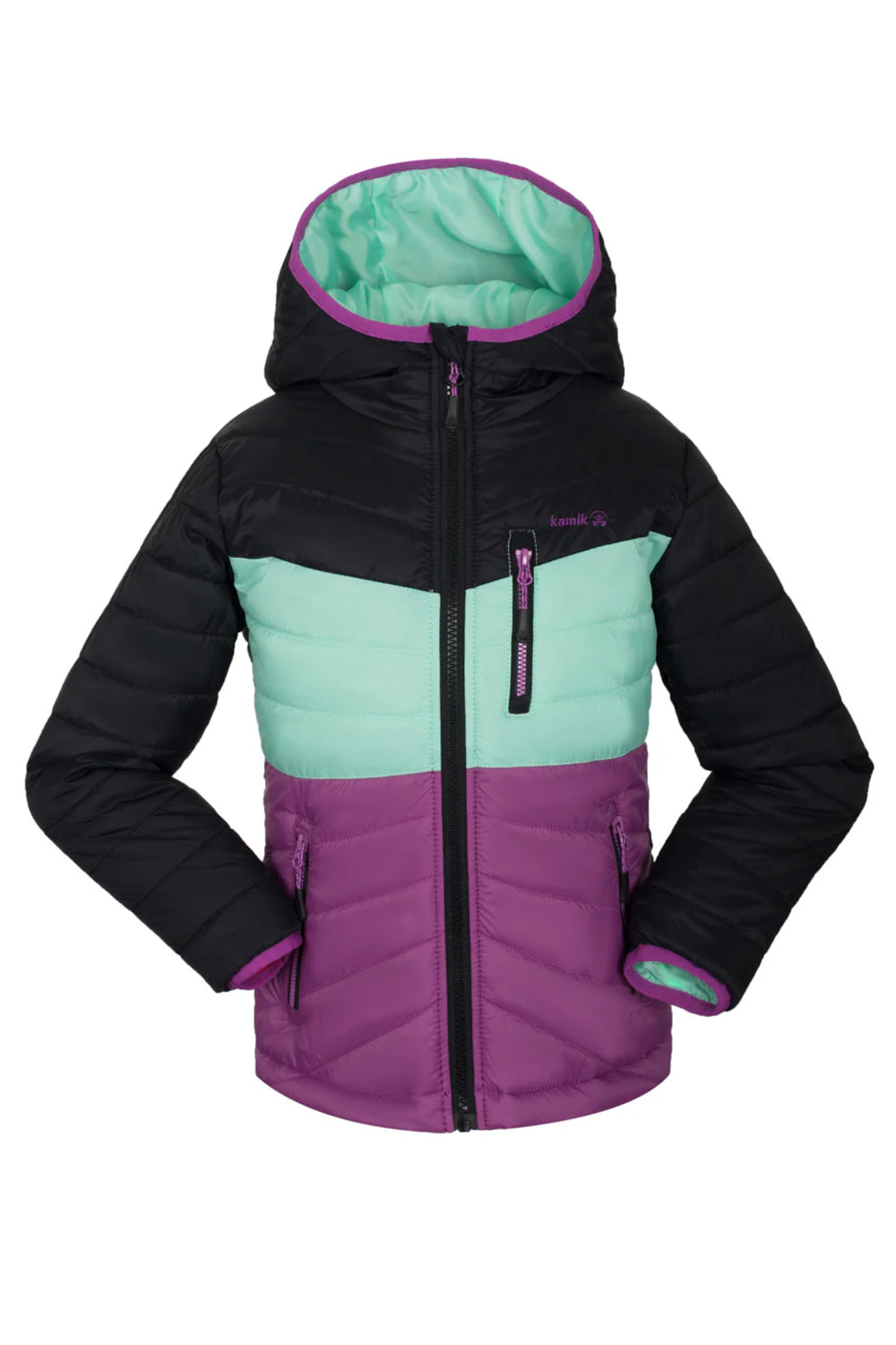 girls' Harley full zip puffy midlayer jacket, black teal and purple