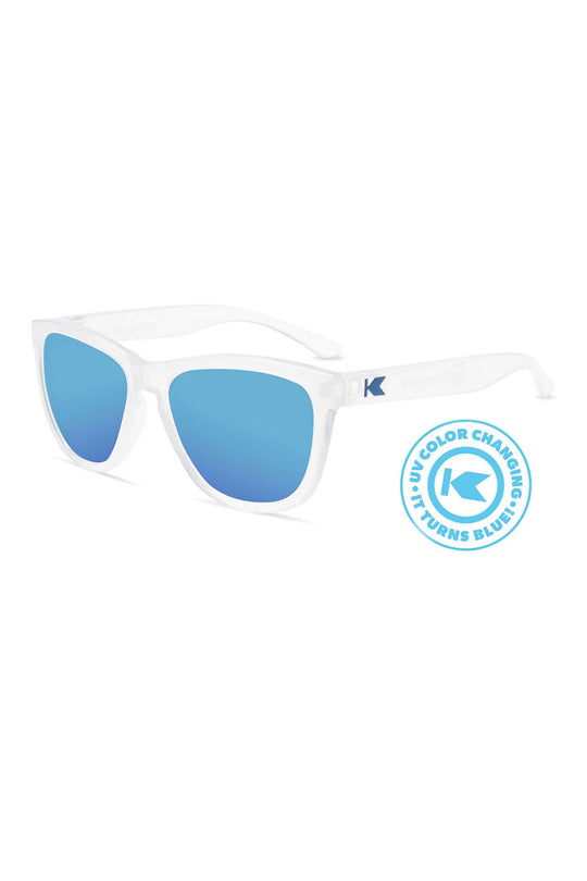 White sunglasses with blue lenses on a white background