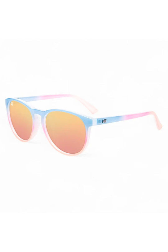 Sunglasses with pink and blue frame on a white background