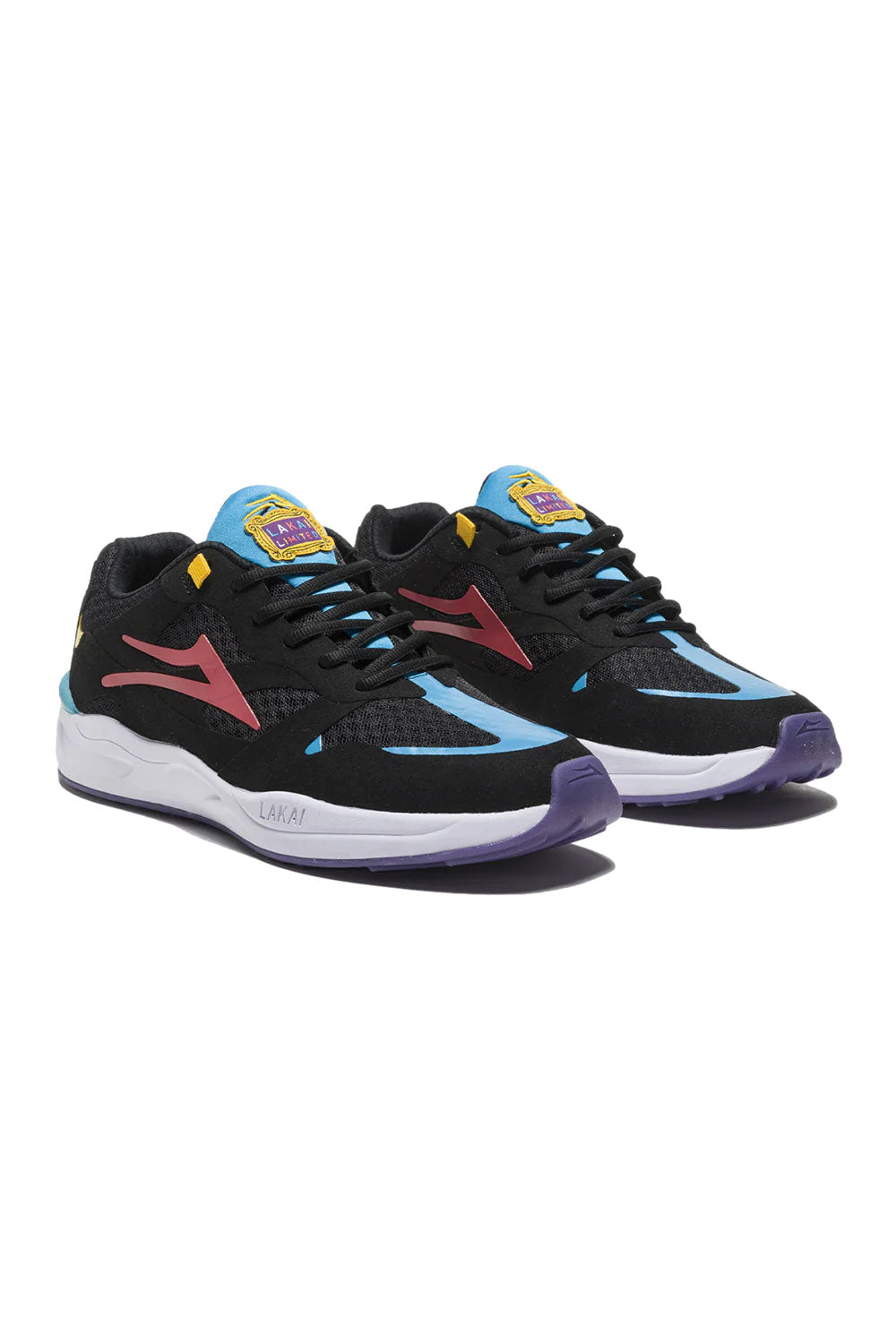 Black running shoes with colorful accents on a white background