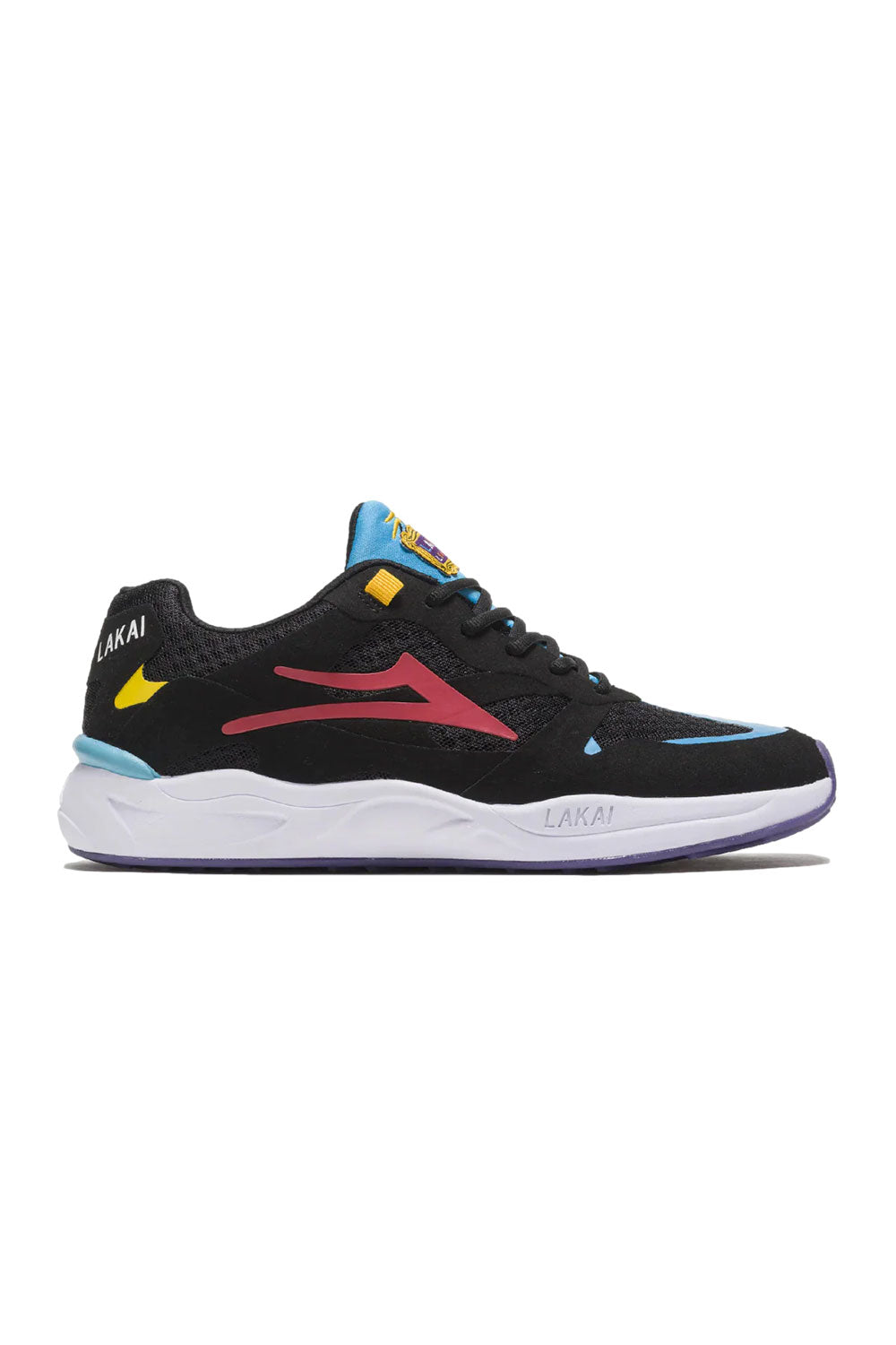 Black sneaker with 'Lakai branding on a white background