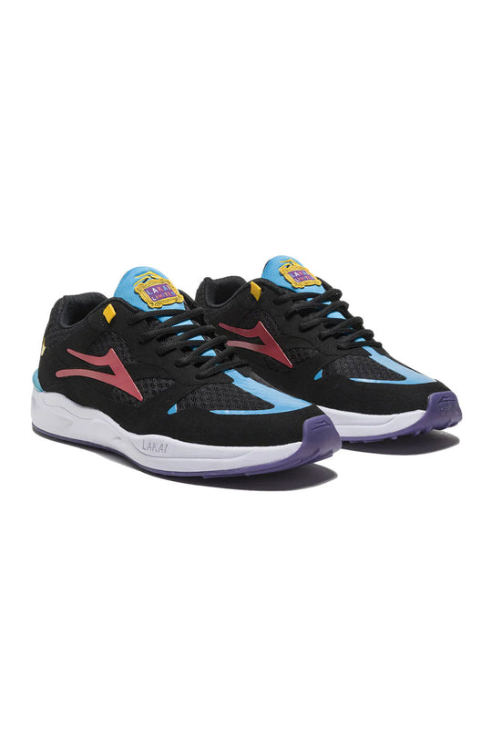Black running shoes with colorful accents on a white background