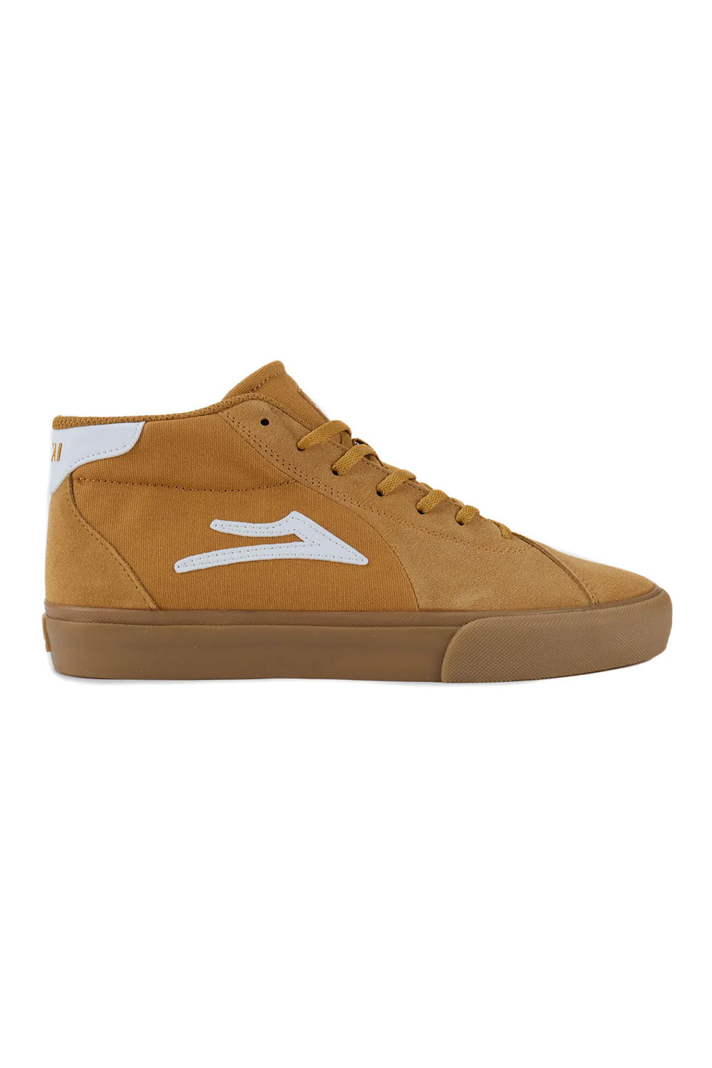 Tan sneaker with white logo on a white background