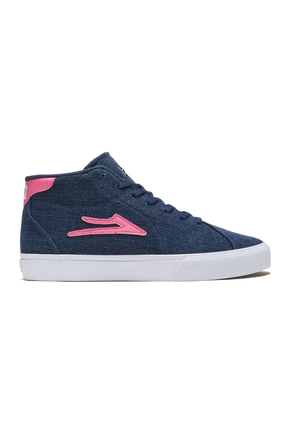 Navy blue sneaker with pink accents on a white background