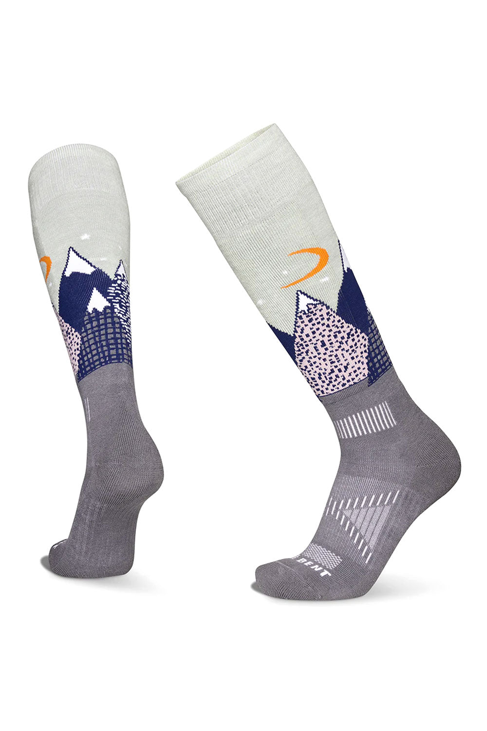 Gray socks with mountain and sun design on a white background