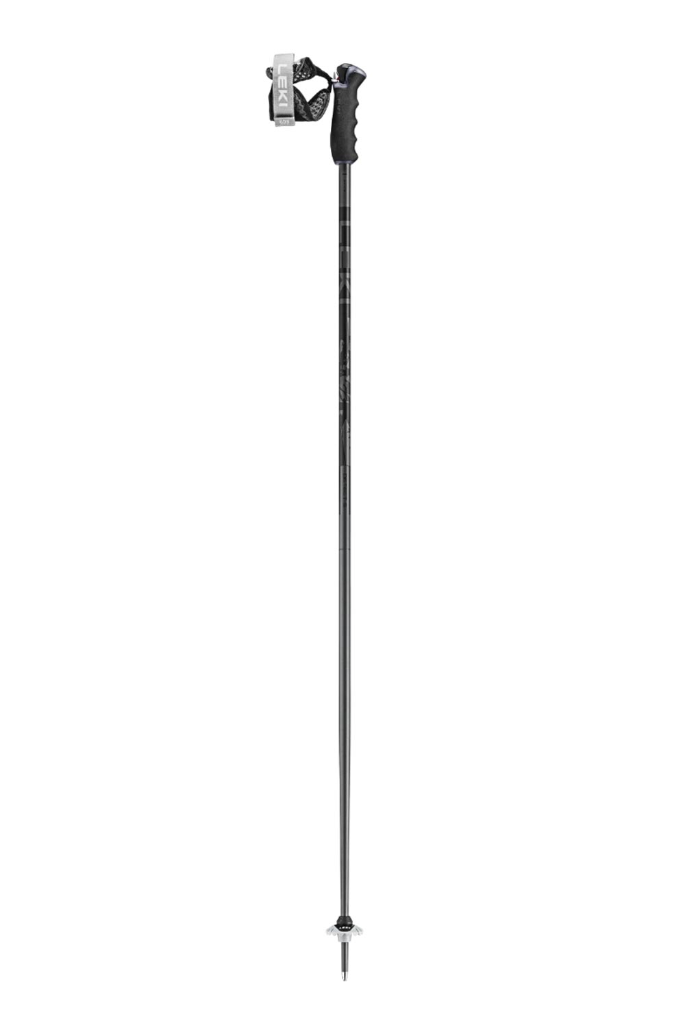 A pair of Leki Detect S ski poles, which are black in color, designed for use on snow-covered slopes.