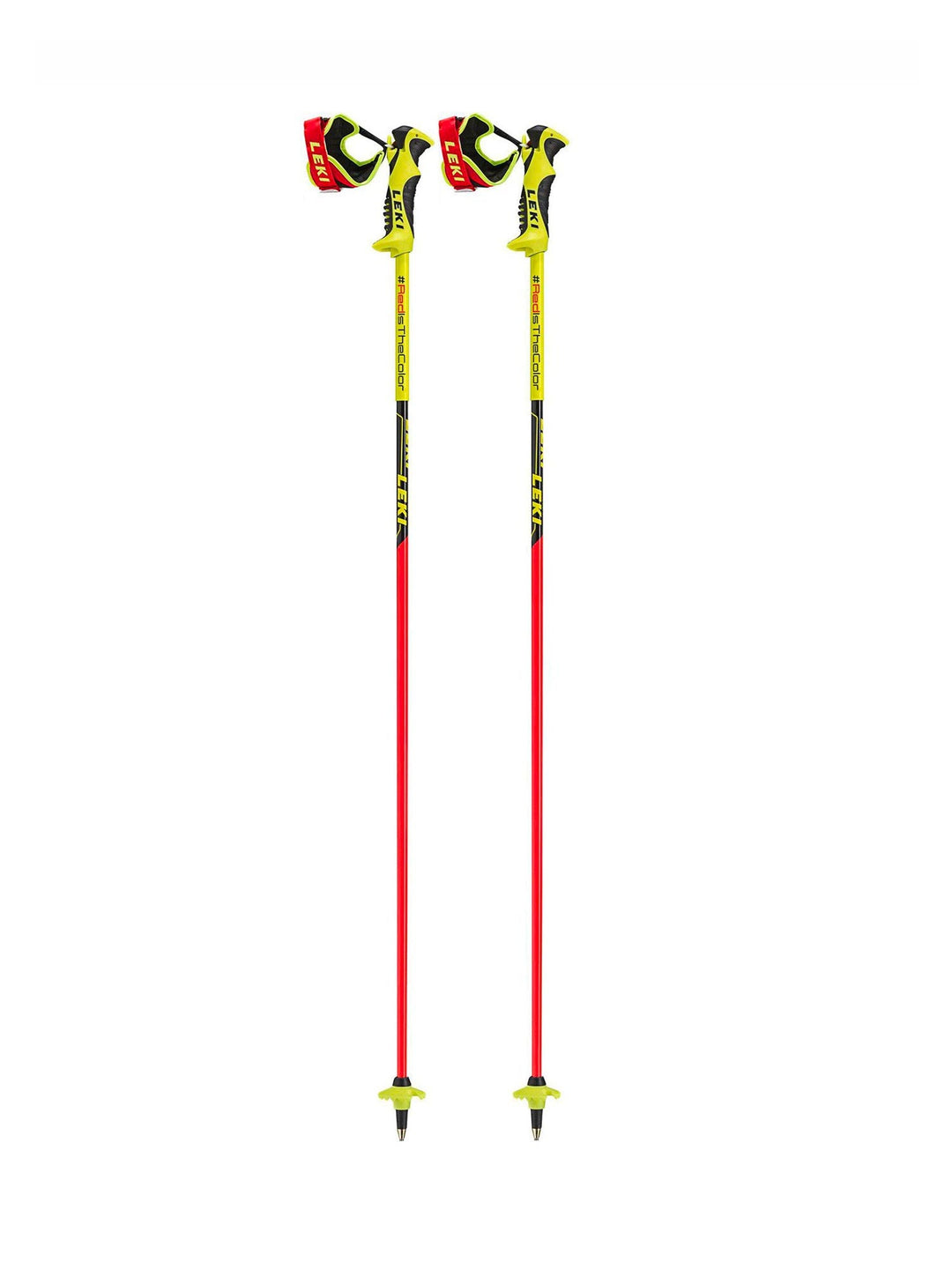 Kids Leki Racing Comp poles, red with yellow and black accents.