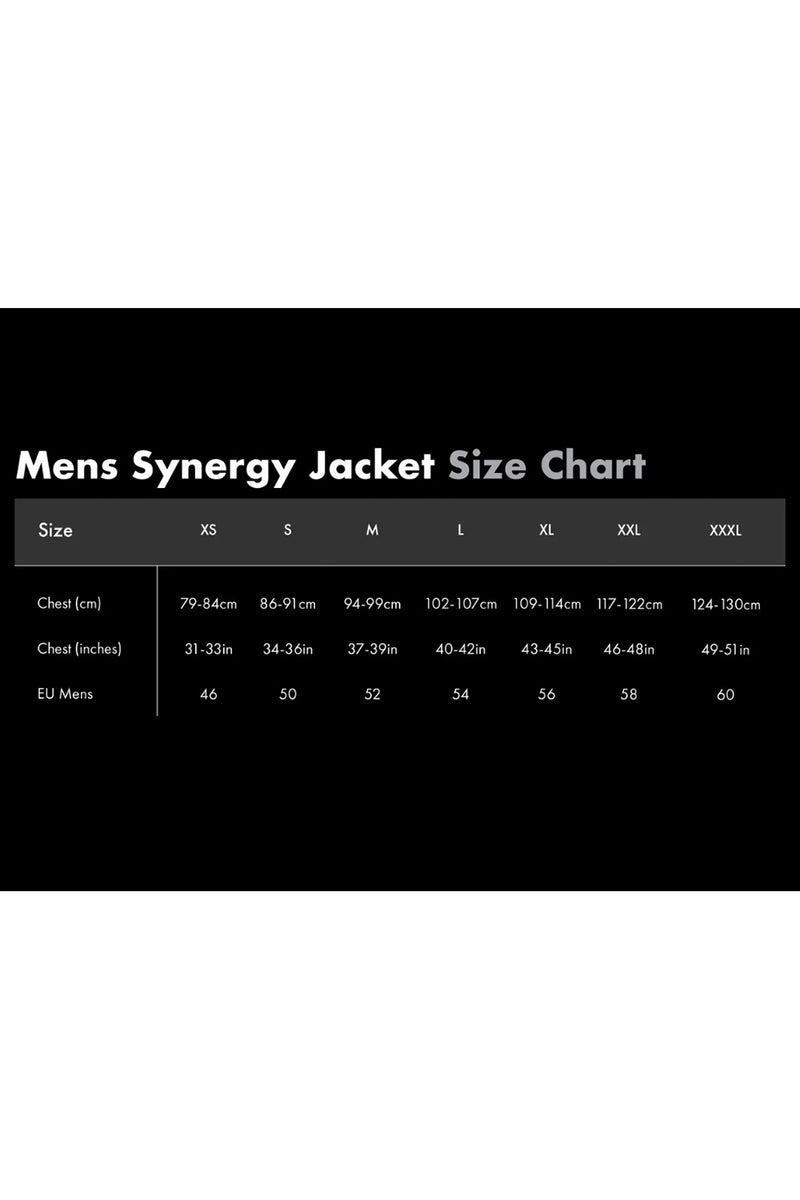 A black size chart graphic titled 'Mens Synergy Jacket Size Chart' with columns for Size, Chest (cm/inches), and EU Mens, listing jacket measurements from XS to XXXL.