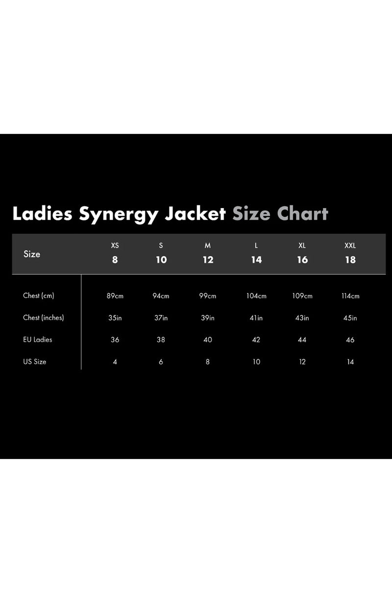 A black size chart graphic titled 'Ladies Synergy Jacket Size Chart' with columns for sizes XS through XXL and rows for chest in cm, chest in inches, EU sizes, and US sizes.