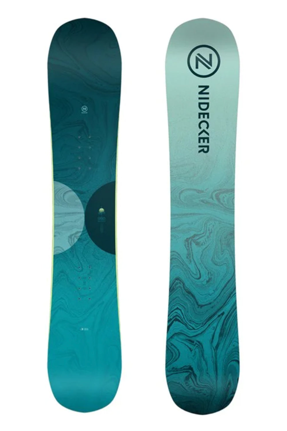 women's Nidecker Elle snowboard,  blue and teal geode pattern