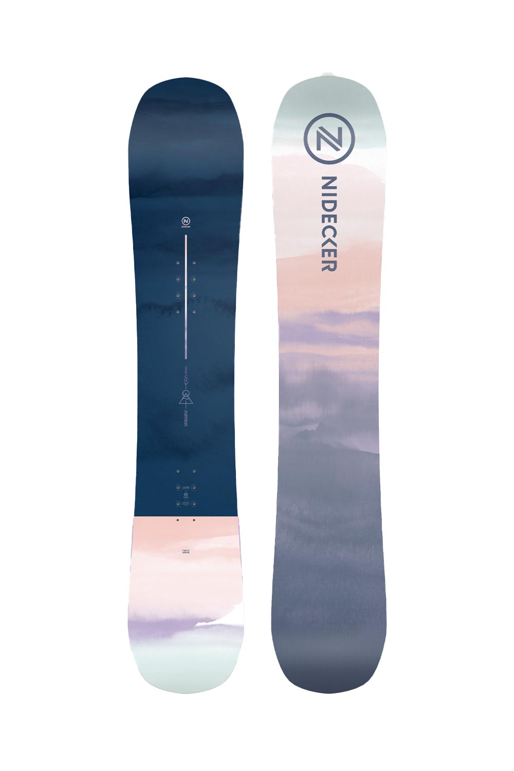 women's Nidecker Ora snowboard, pastel cloudy sunset graphic