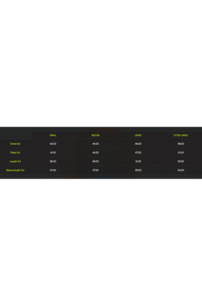 Technical specifications table for a product on a white background