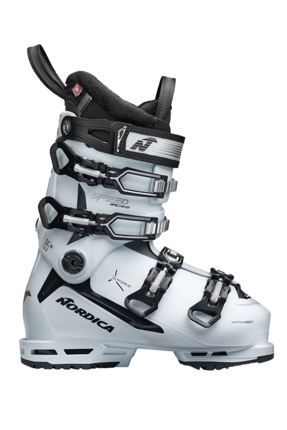 women's Nordica Speedmachine 3 ski boots, white with black buckles and black and gold accents