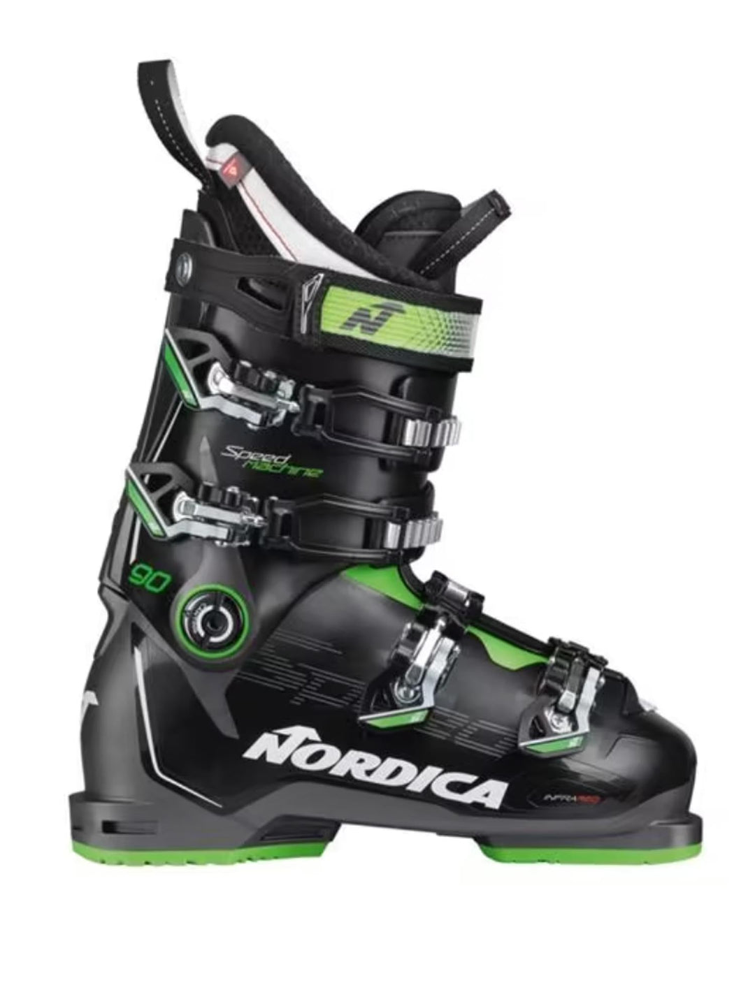 men's Nordice Speedmachine 90 ski boots, black with green accents