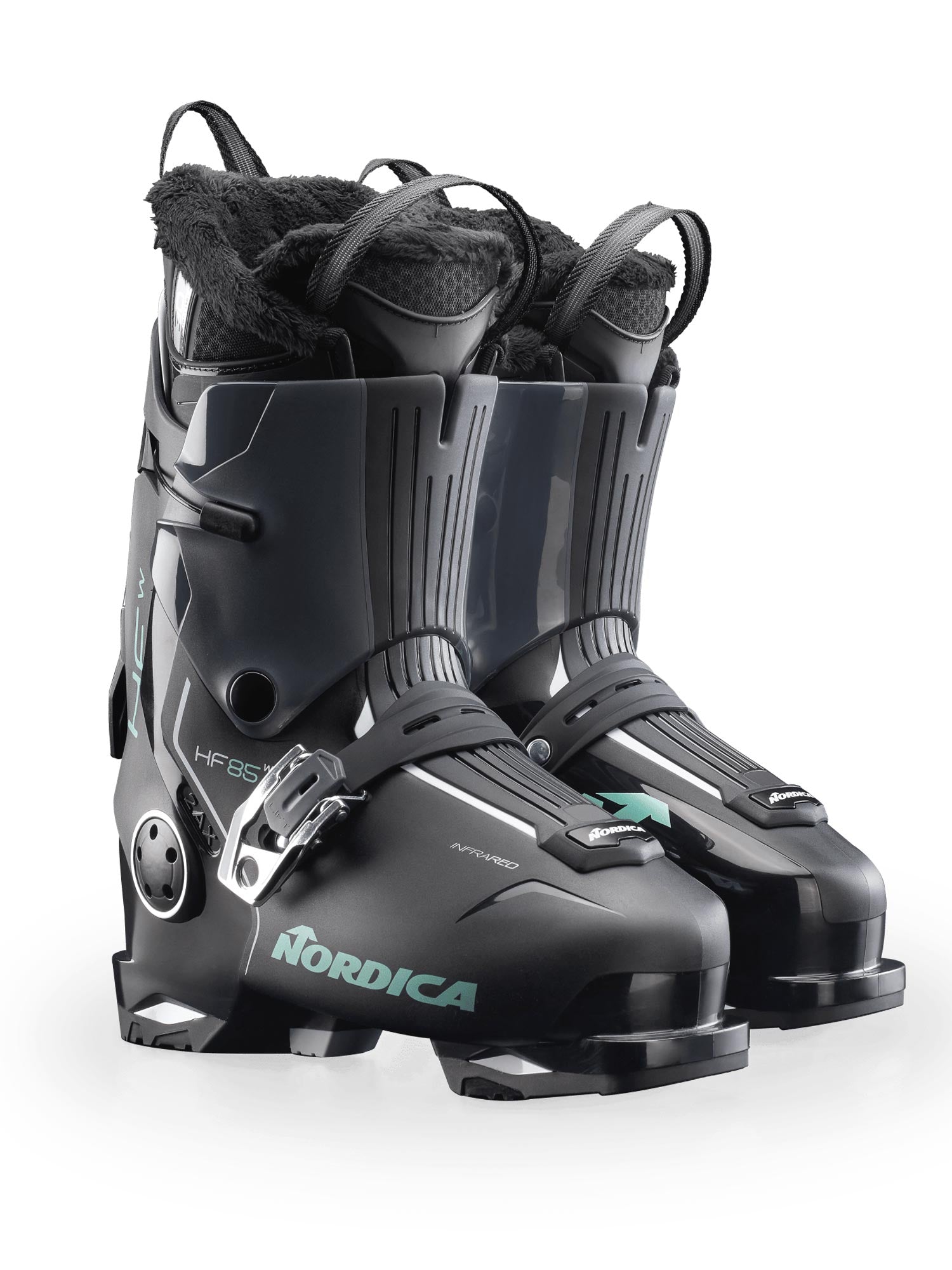 women's Nordica HF 85 ski boots, black with teal accents