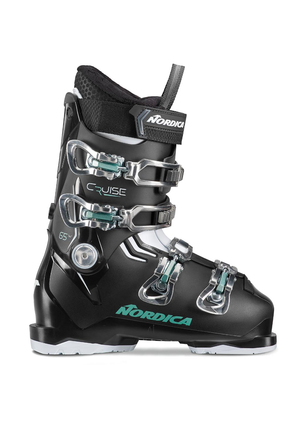 women's Nordica Cruise 65 ski boots, black with silver buckles and teal accents