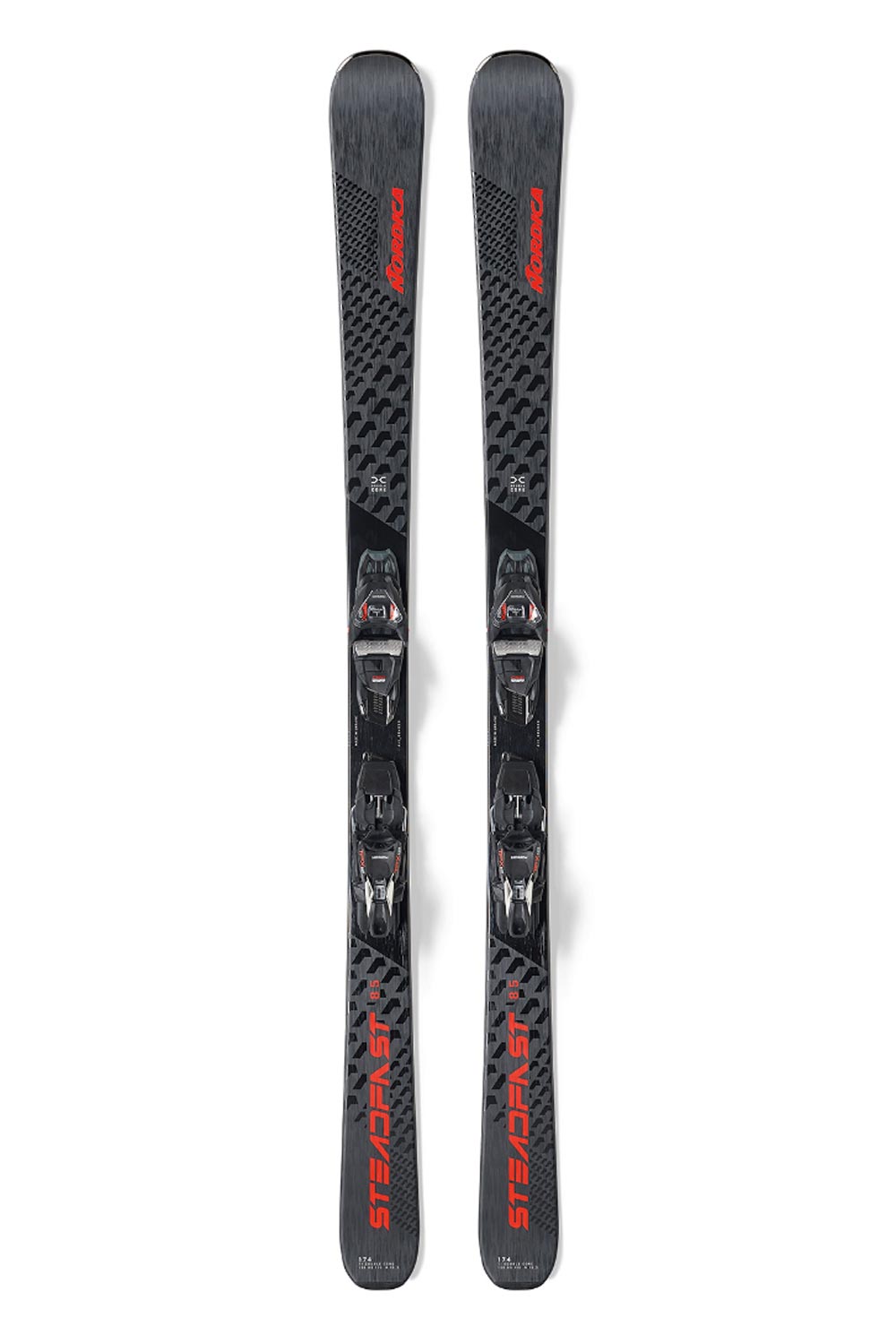 men's Nordica Steadfast 85 skis with bindings.   Black skis with gray and red accents, black bindings.