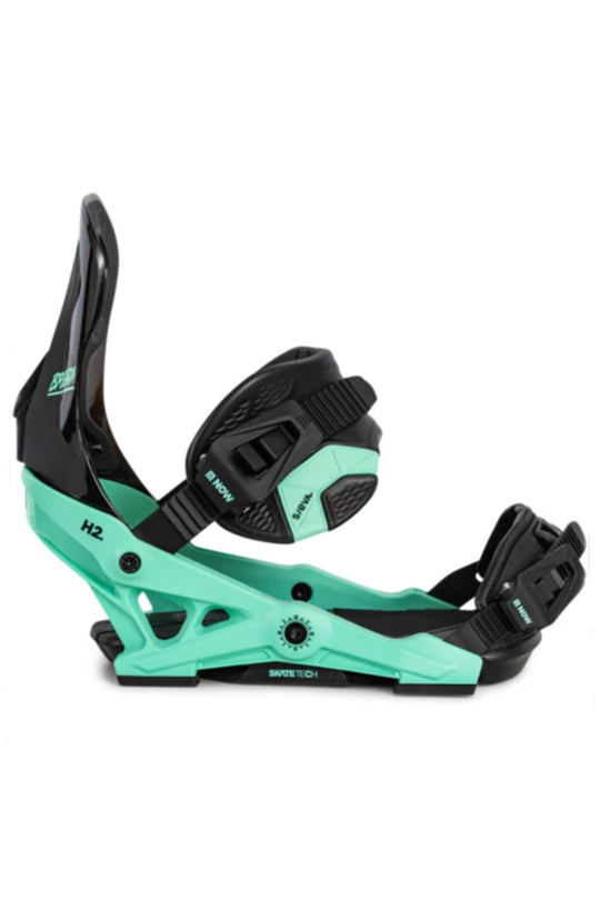 Teal and black snowboard binding on a white background