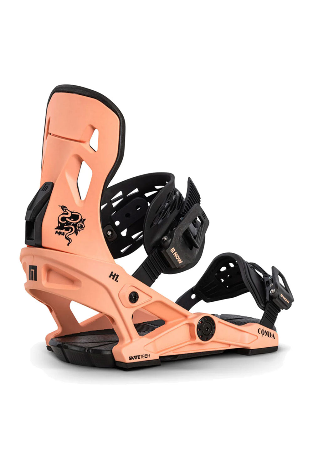 Coral and black snowboard bindings on a white background