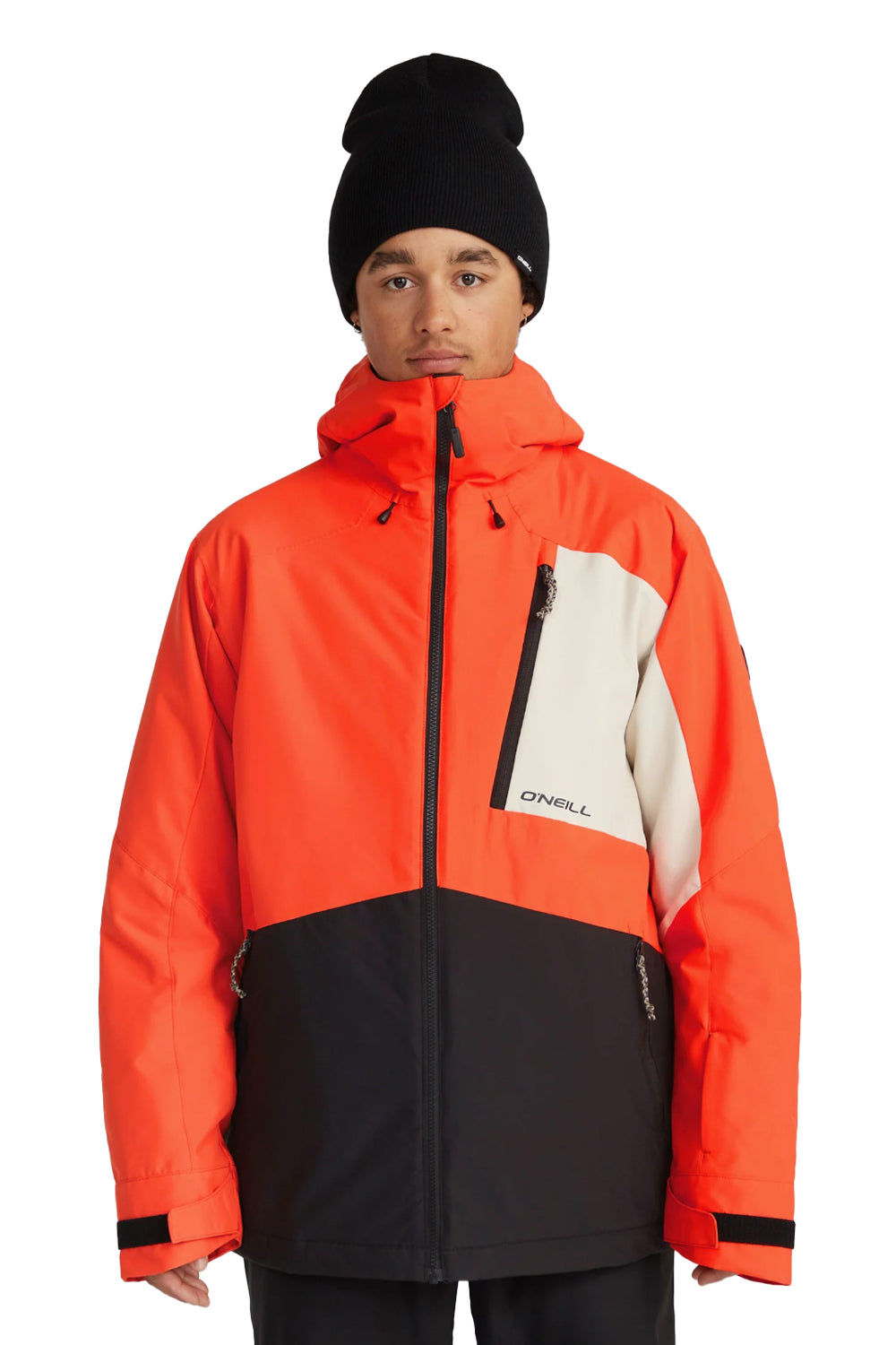 men's O'Neill Jacksaw snowboarding jacket, orange white and black colorblock