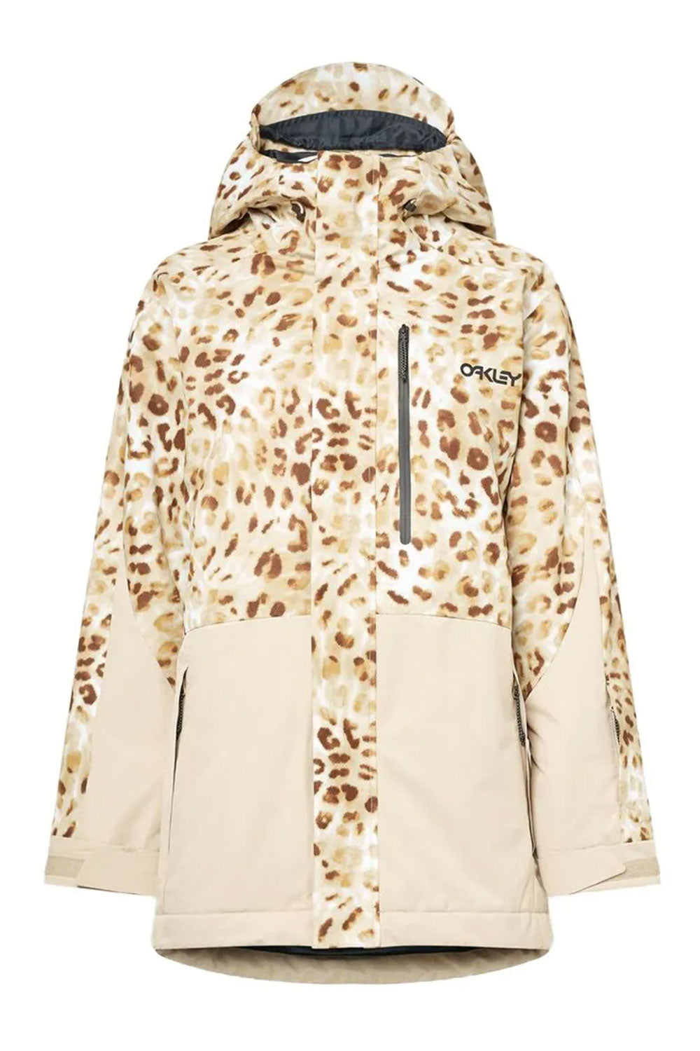 Leopard print jacket with beige accents on a white background