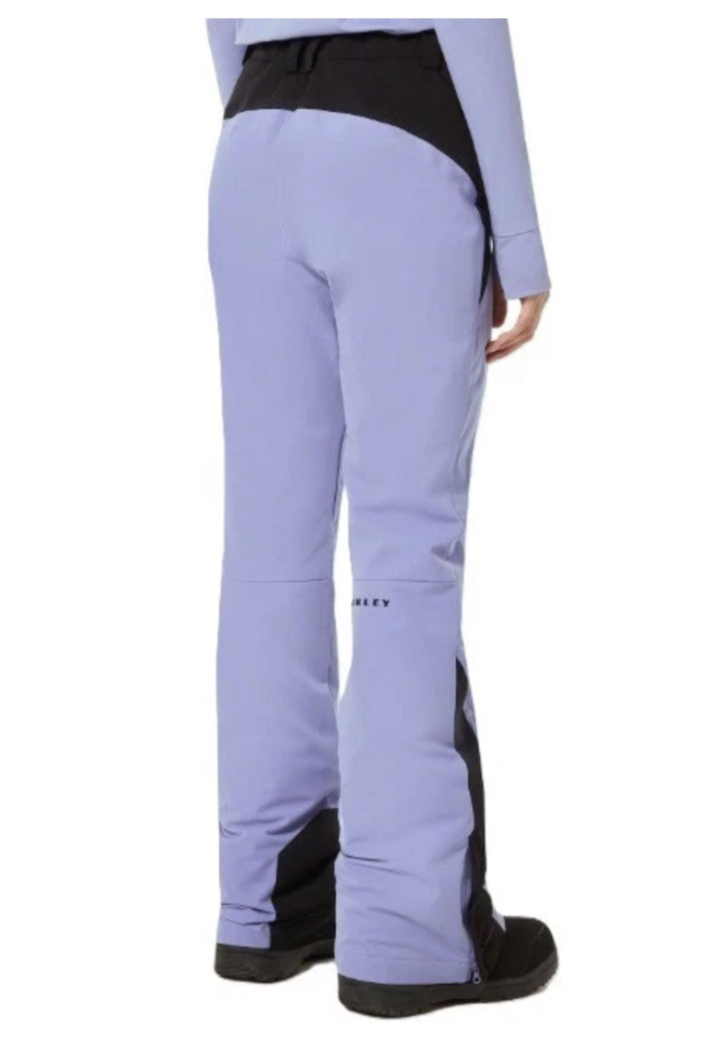 Light purple ski pants with black accents on a white background