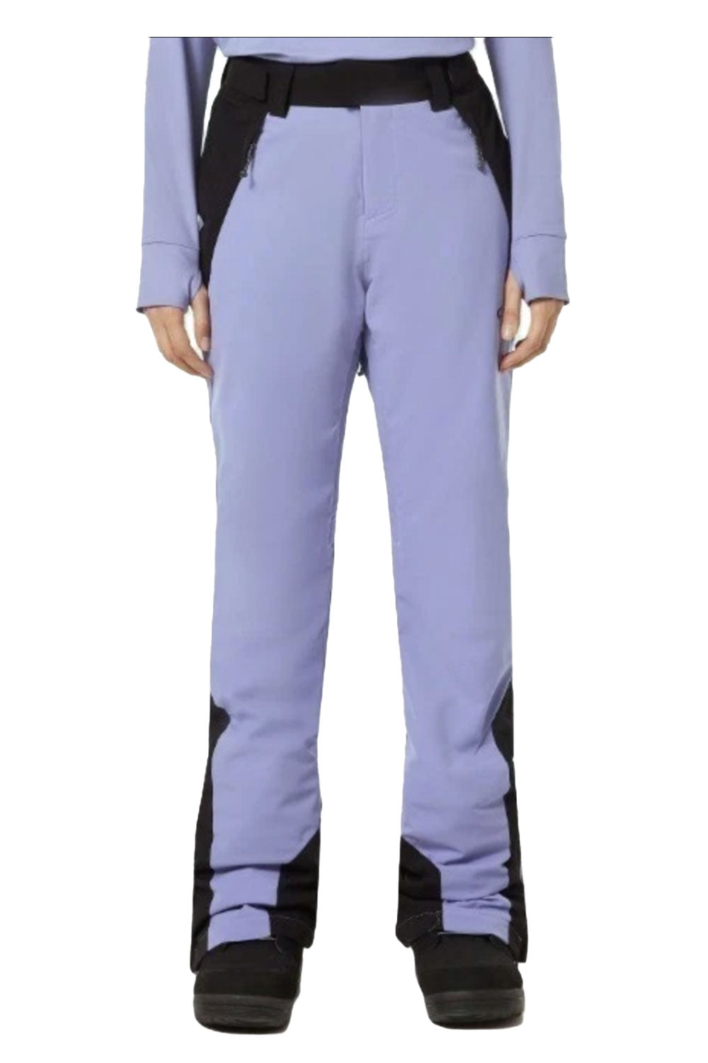 Light purple ski pants with black accents on a white background