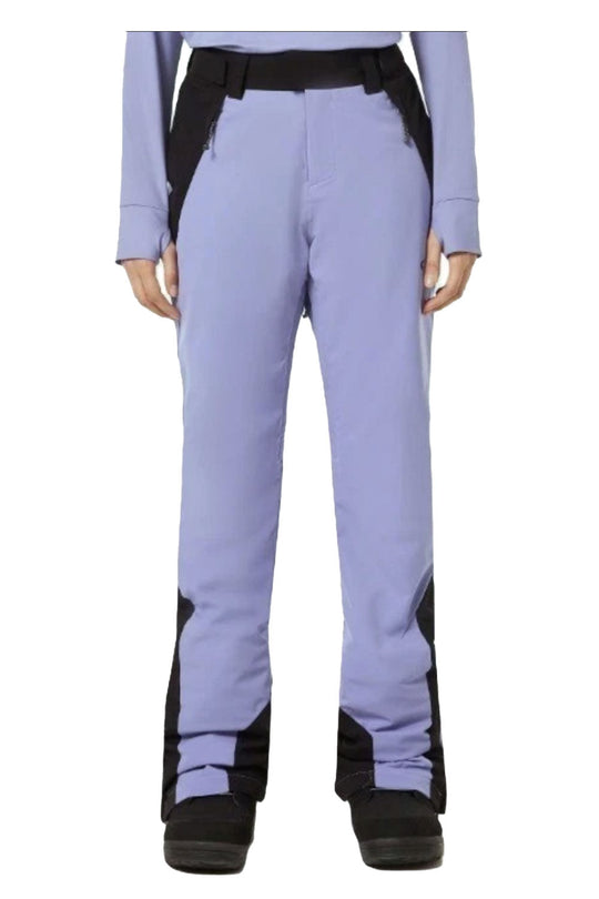 Light purple ski pants with black accents on a white background